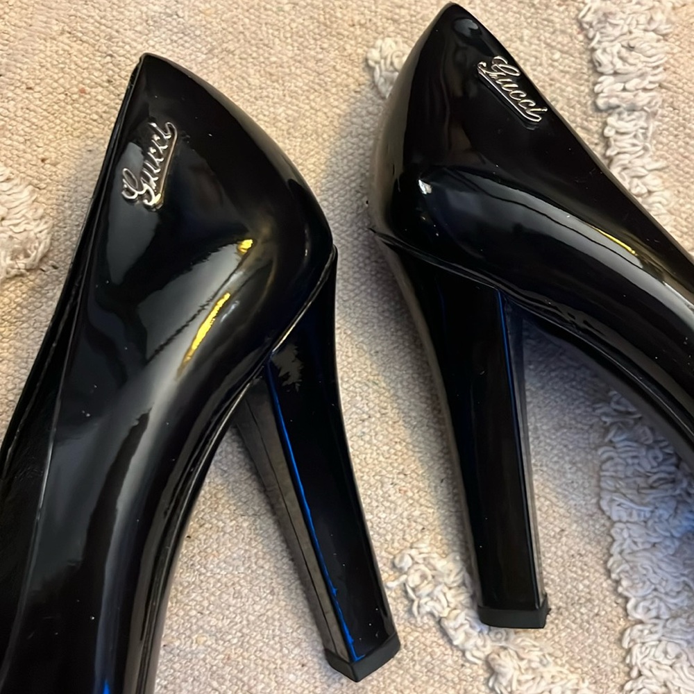 GUCCI Vitelli Bernice Soft Nero Black Baby Jane Heel Logo Hardware Sz 39 - Picture 6 of 11